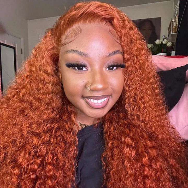 Premium 10A 210% Density Ginger Orange Colored 13x6 Lace Front Closure Wig 6x5 Glueless Ready To Go Curly Human Hair Wigs