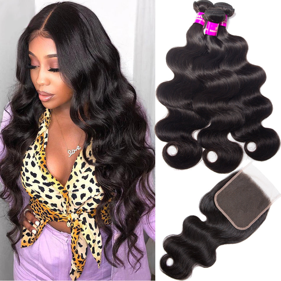 10A Body Wave Human Hair 3 Bundles With 5x5 Closure 100% Remy Human Hair
