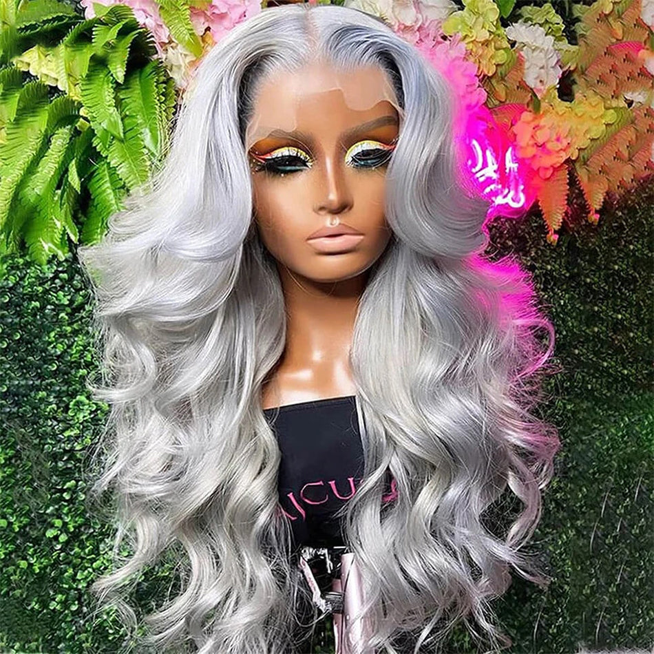210% Density Transparent 13x6 Lace Frontal Wig Brazilian Body Wave Pre Plucked Silver Gray Lace Front Colored Human Hair Wigs