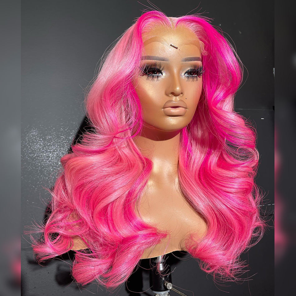 Customized Highlight Pink With Rose Red Colored 13x6 Lace Front Human Hair Wigs