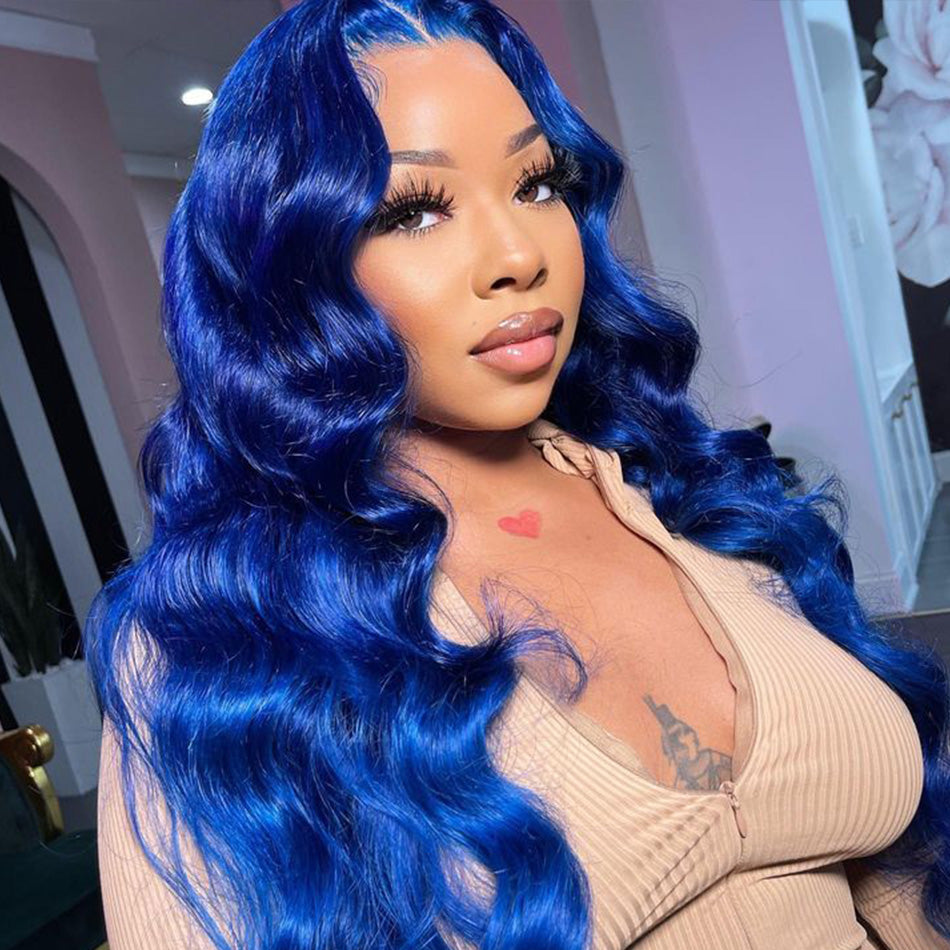 210% Density Klein Blue Colored 13x6 HD Transparent Lace Front Human Hair Wigs