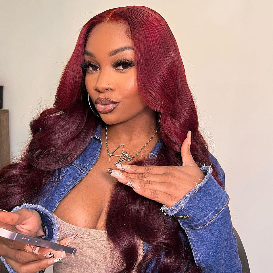 SUPER DEAL ! 99J Burgundy HD Transparent 13x6 Lace Front Human Hair Wigs 5x5  Lace Glueless Ready Go Wig Body Wave