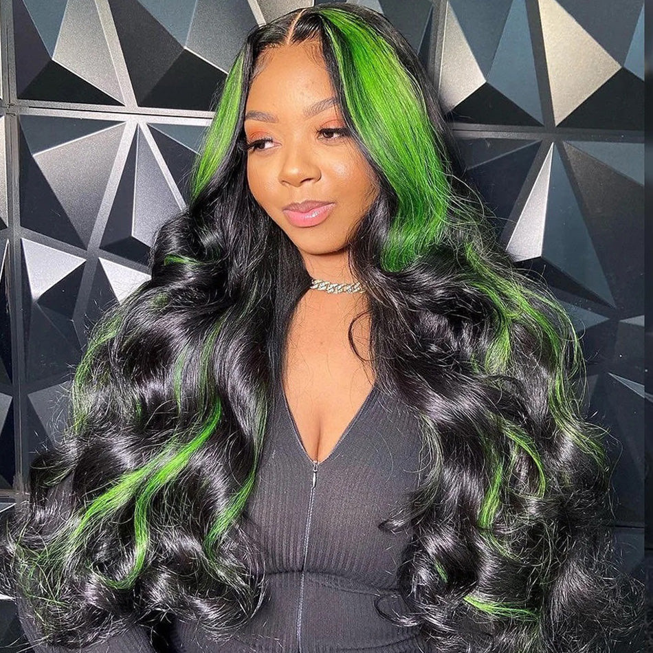 Highlight Black With Green 13x6 Lace Closure Front Wig 5x5 Glueless Ready To Go Human Hair Wigs Body Wave