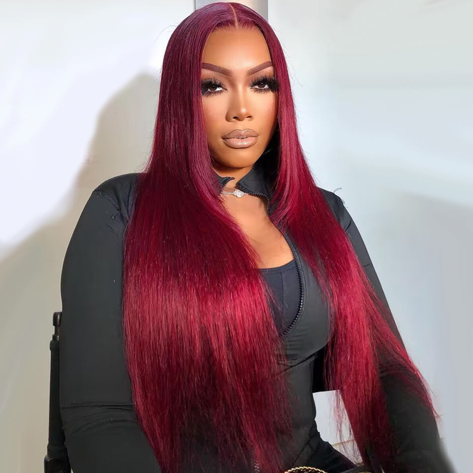 SUPER DEAL 99j Burgundy Colored 13x6 Lace Front 5x5 Glueless Lace Ready To Go Wig Straight Human Hair Wigs