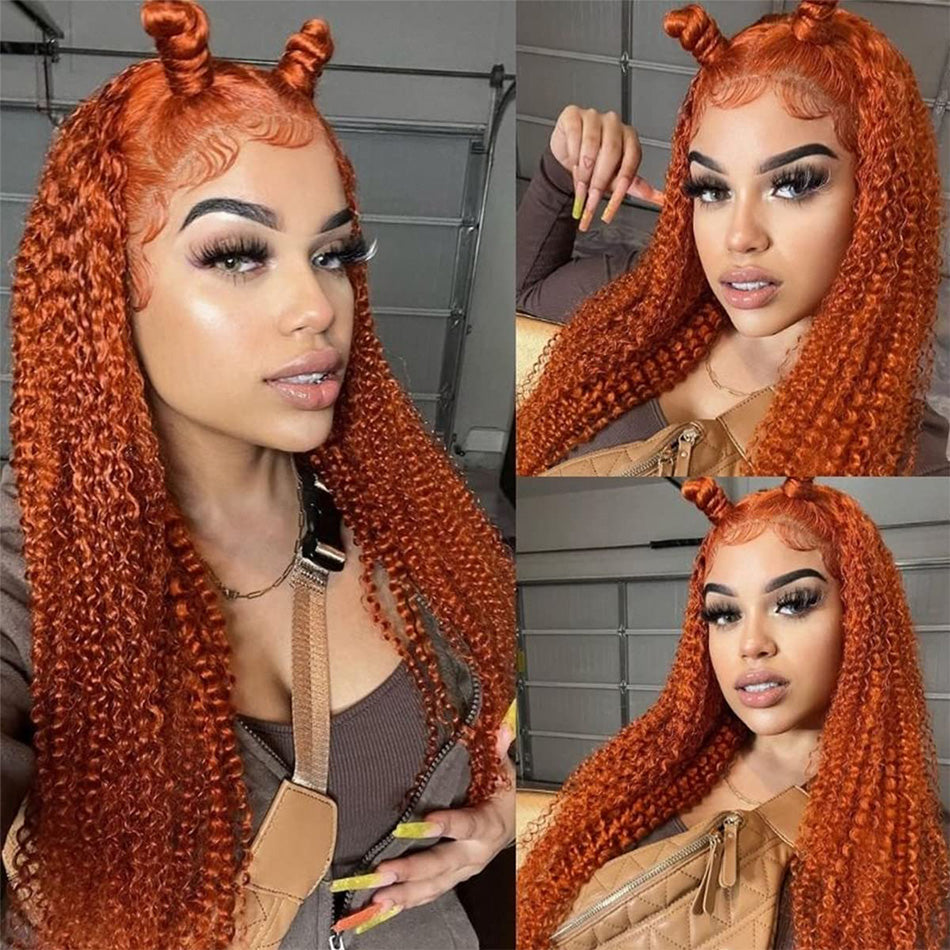 Premium 10A 210% Density Ginger Orange Colored 13x6 Lace Front Closure Wig 6x5 Glueless Ready To Go Curly Human Hair Wigs