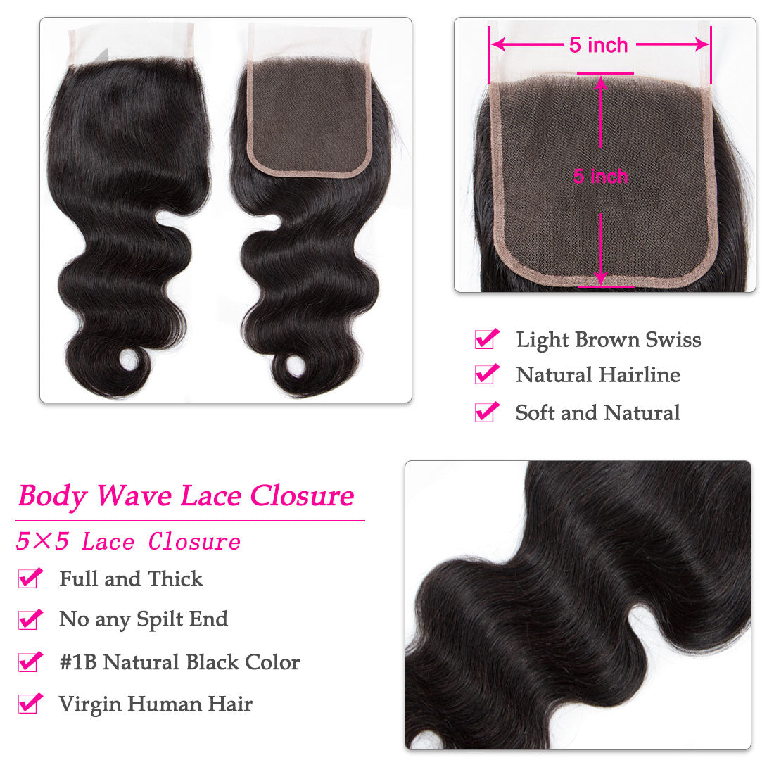 10A Body Wave Human Hair 3 Bundles With 5x5 Closure 100% Remy Human Hair
