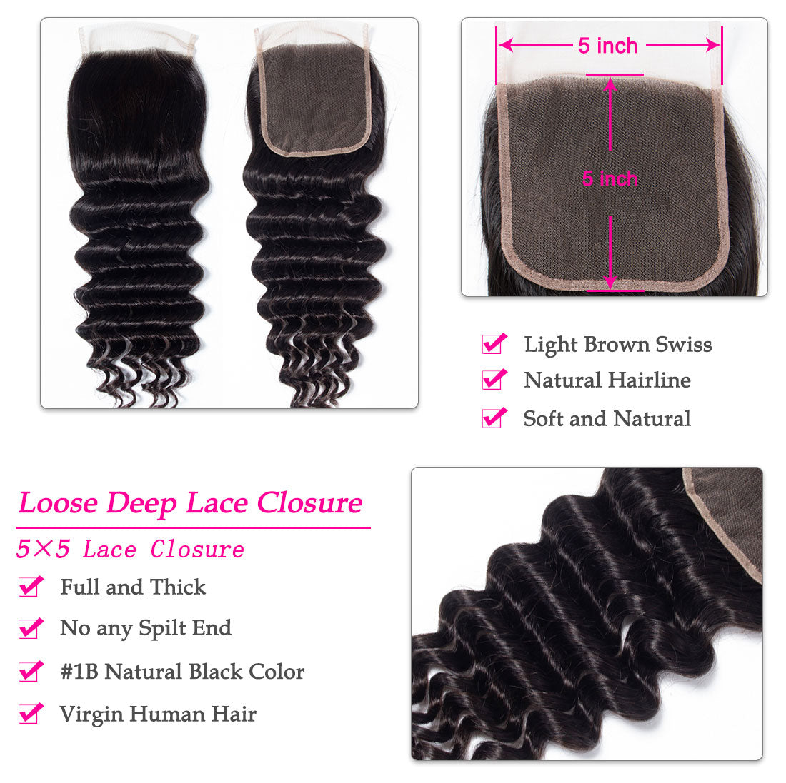 10A Deep Wave Human Hair 3 Bundles With 5x5 Closure 100% Remy Human Hair