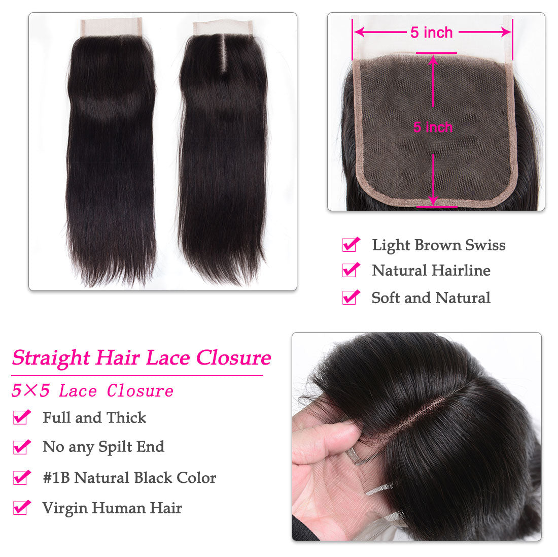 10A Straight Human Hair 3 Bundles With 5x5 Closure 100% Remy Human Hair