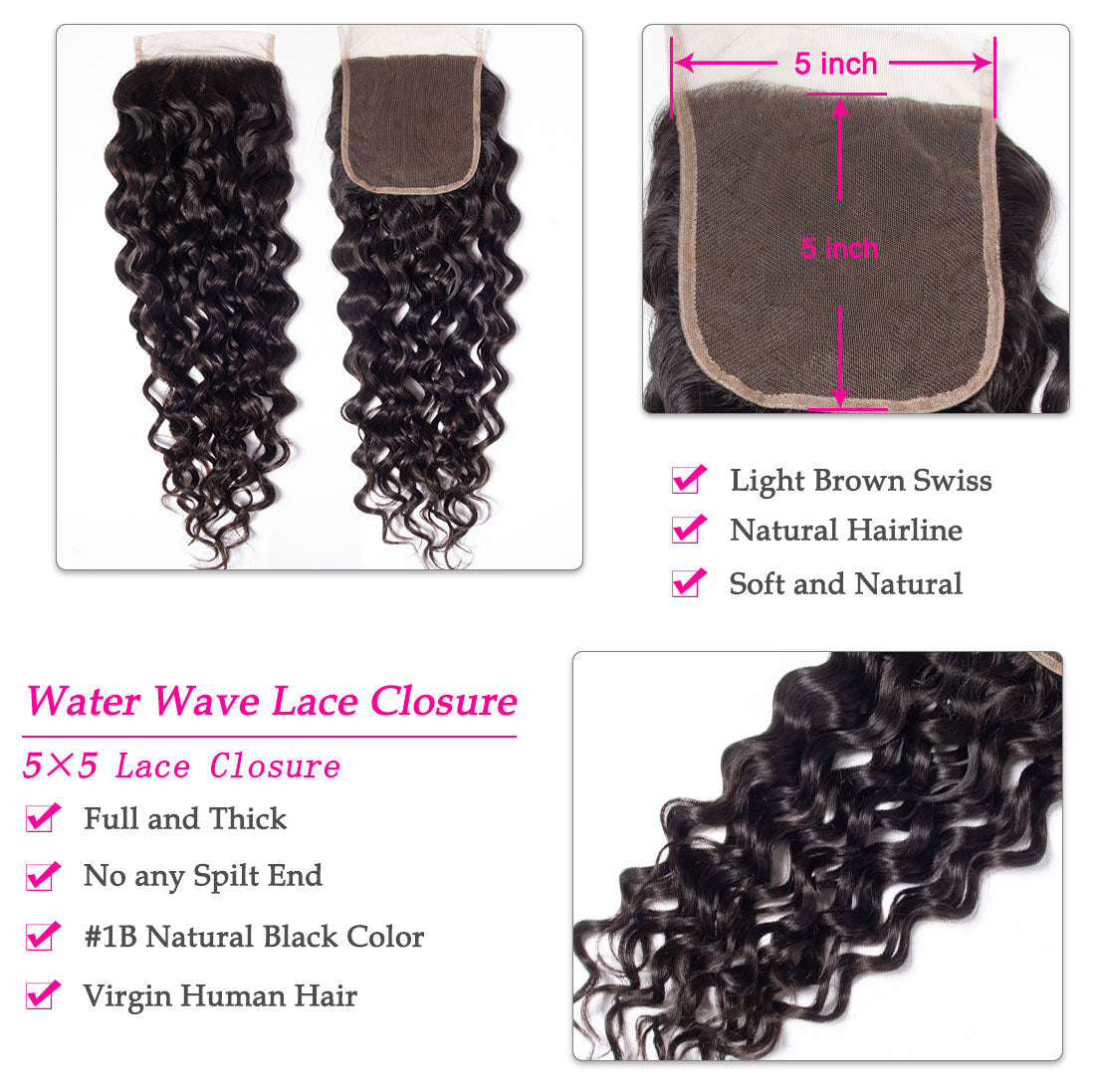 10A Water Wave Human Hair 3 Bundles With 5x5 Closure 100% Remy Human Hair