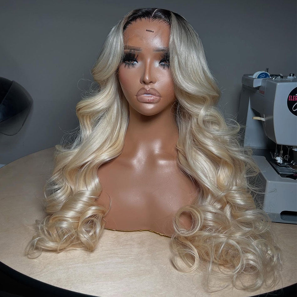 250% Density Ombre Platinum Blonde Colored HD Transparent 13x6 Lace Front Human Hair Wigs Brazilian Body Wave