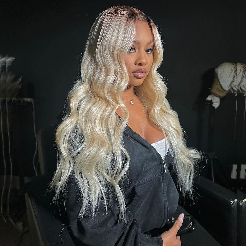 250% Density Ombre Platinum Blonde Colored HD Transparent 13x6 Lace Front Human Hair Wigs Brazilian Body Wave