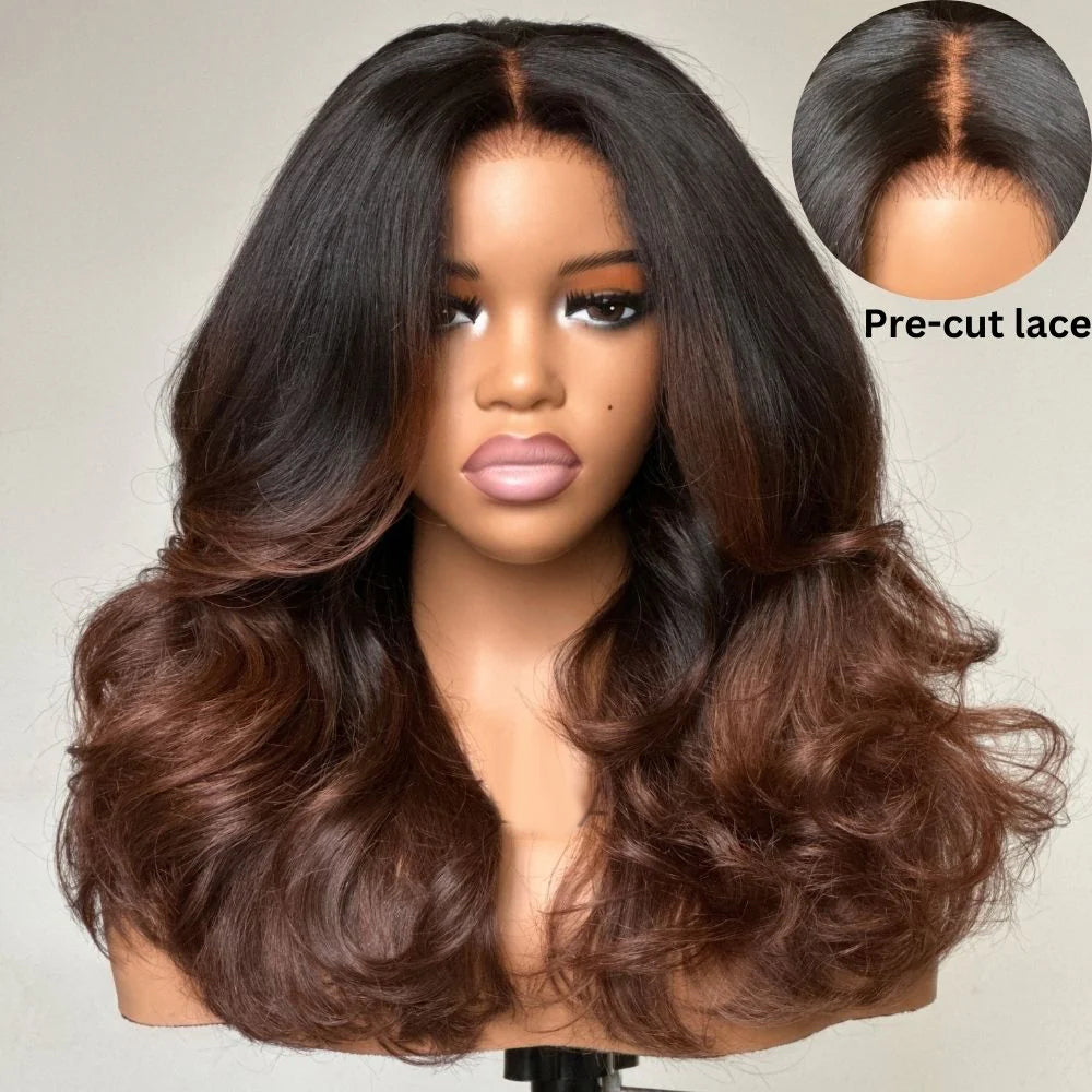 250% Density Heavy Layered Cut Ombre Brown Colored Glueless Lace Wig