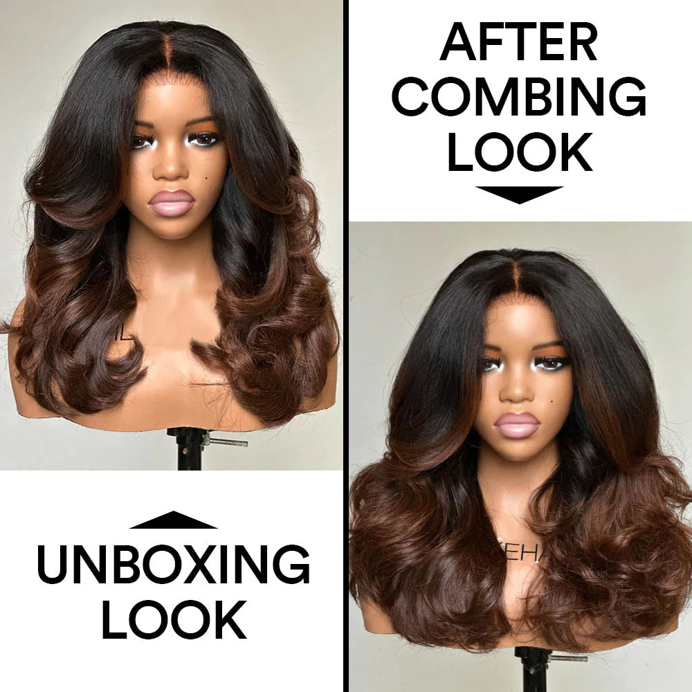 250% Density Heavy Layered Cut Ombre Brown Colored Glueless Lace Wig