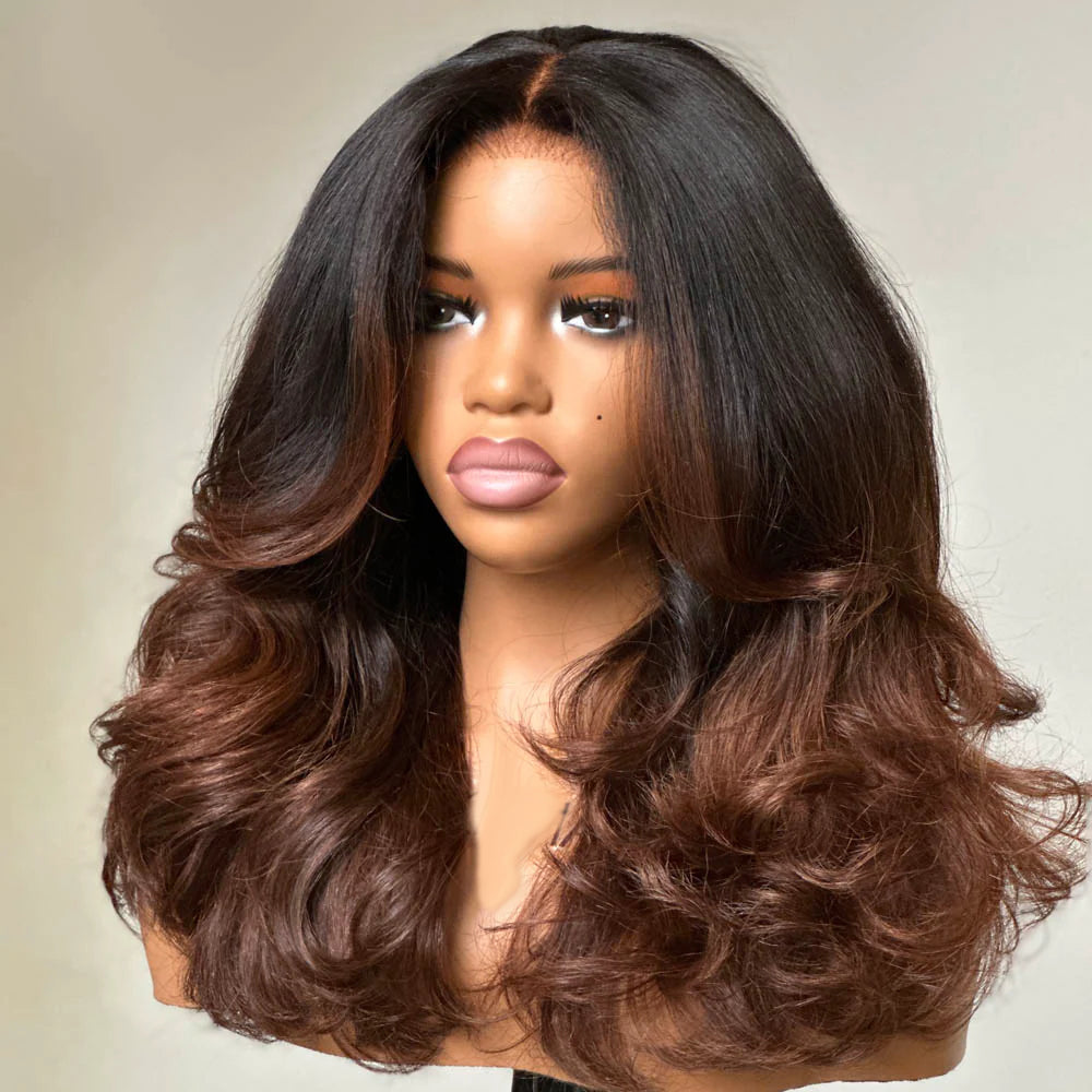250% Density Heavy Layered Cut Ombre Brown Colored Glueless Lace Wig