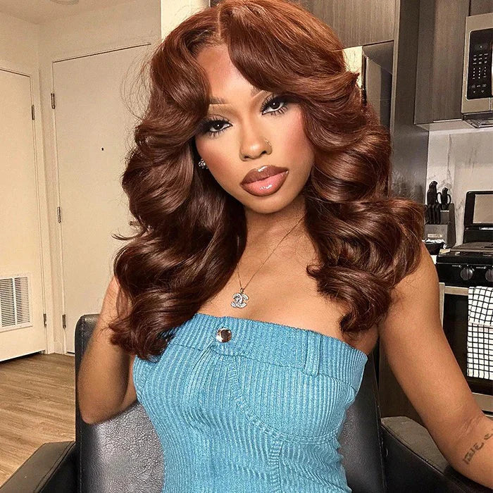 250% Density Curtain Bangs Layered Cut  Brown Colored Glueless Lace Wig