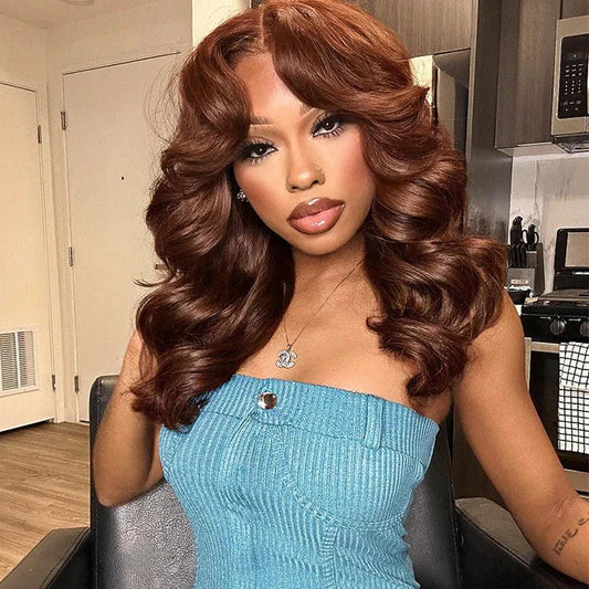 250% Density Curtain Bangs Layered Cut  Brown Colored Glueless Lace Wig