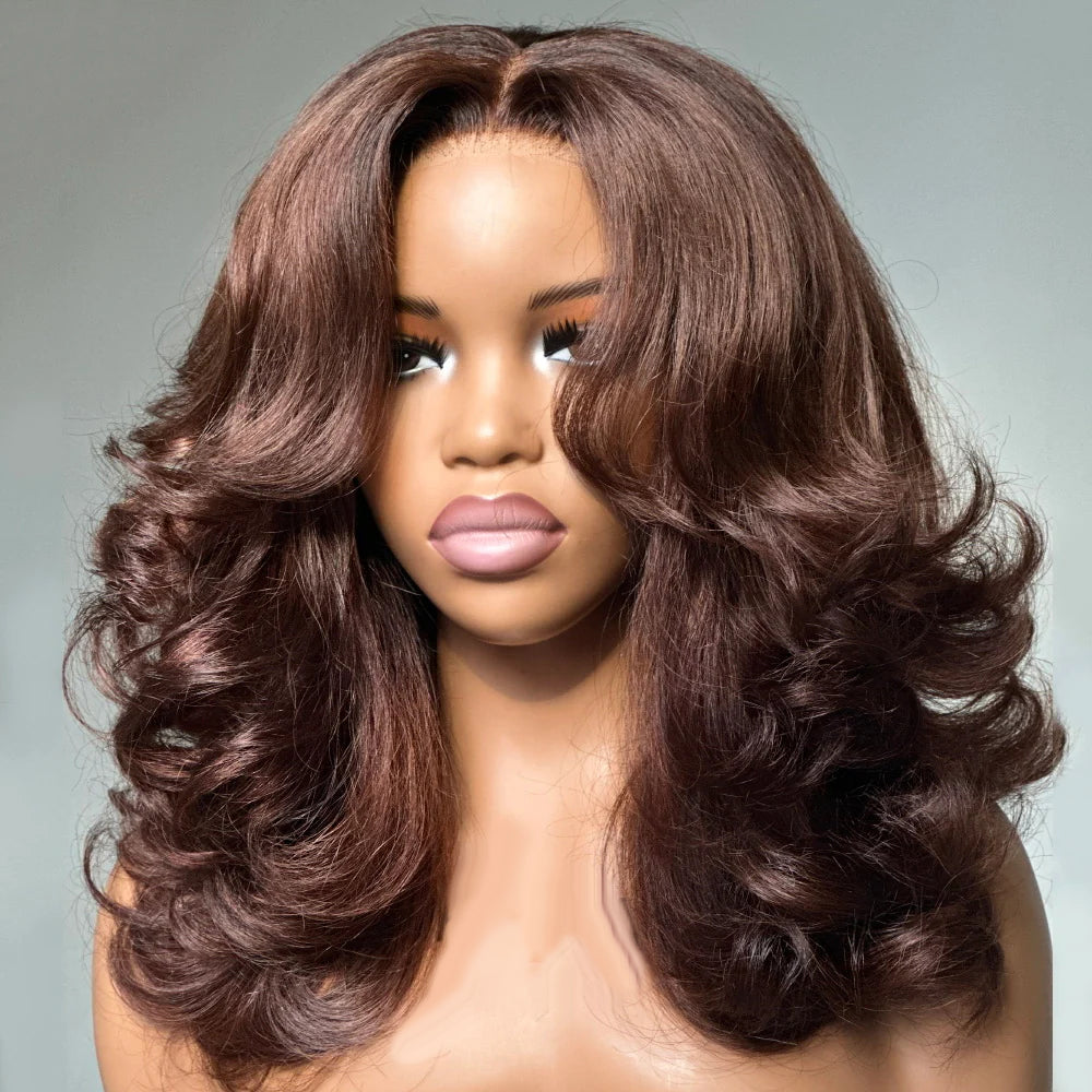 250% Density Curtain Bangs Layered Cut  Brown Colored Glueless Lace Wig