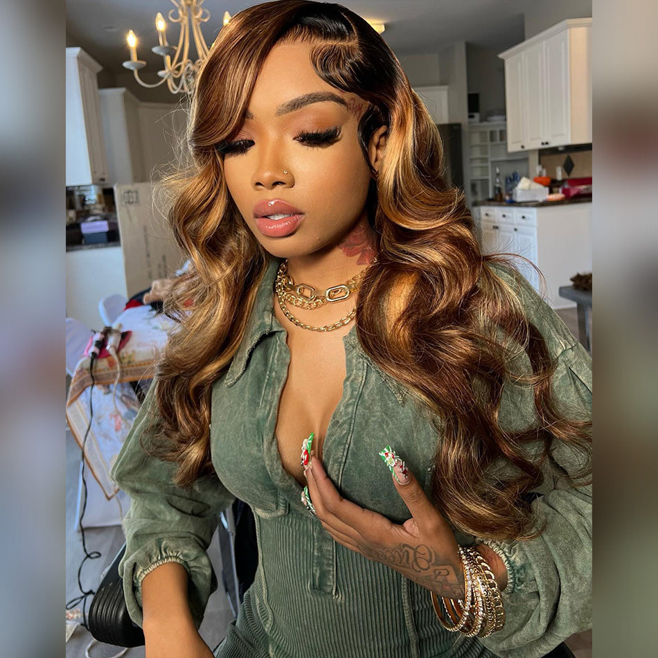 Premium 10A 210% Density Black Roots Ombre Highlight Blonde P4/27# 6x5 Lace Glueless Wig 13x6 Lace Front Human hair Wigs Body Wave