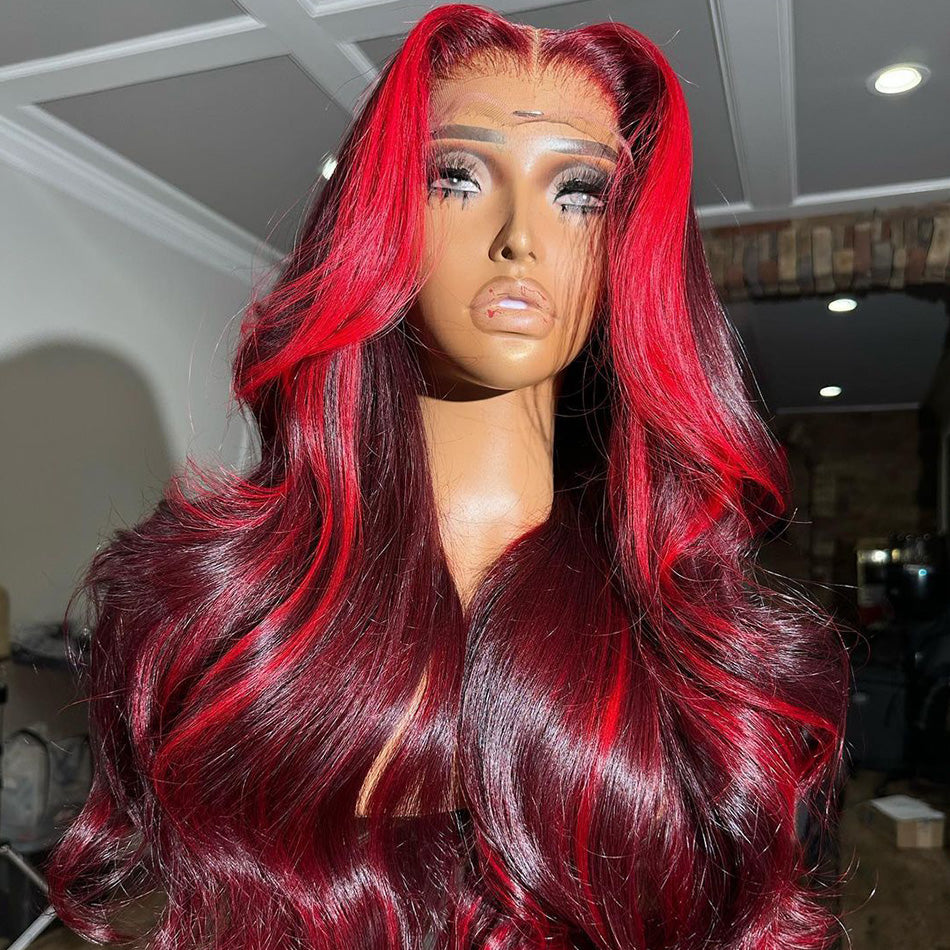 Highlight Burgundy With Red Colored 13x6 Lace Front Closure Wig 5x5 Glueless Ready To Go Human Hair Wigs