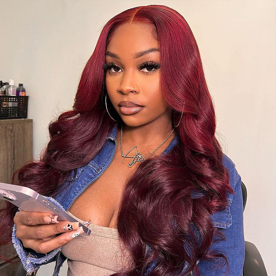 SUPER DEAL ! 99J Burgundy HD Transparent 13x6 Lace Front Human Hair Wigs 5x5  Lace Glueless Ready Go Wig Body Wave