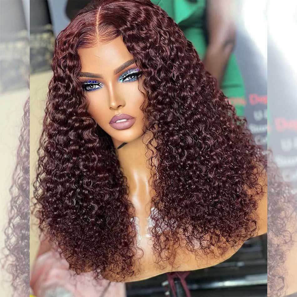 Hairstylist Works HD Transparent 13x6 Lace Front Wig 5x5 Glueless Curly Ready To Wear Human Hair Wigs 99j Wine Red Colored Wigs