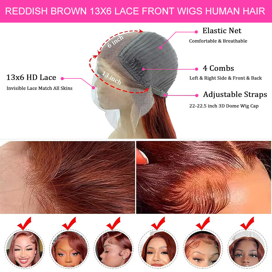Premium 10A 210% Density Reddish Brown Colored 13x4 13x6 Lace Front Wig 6x5 Glueless Ready To Wear Human Hair Wig Body Wave