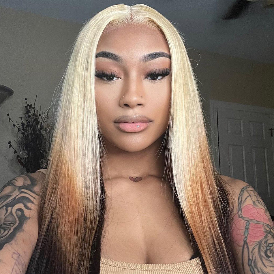 Customized Ombre 613 Blonde Brown Colored 13x6 Transparent HD Lace Front Human Hair Wig