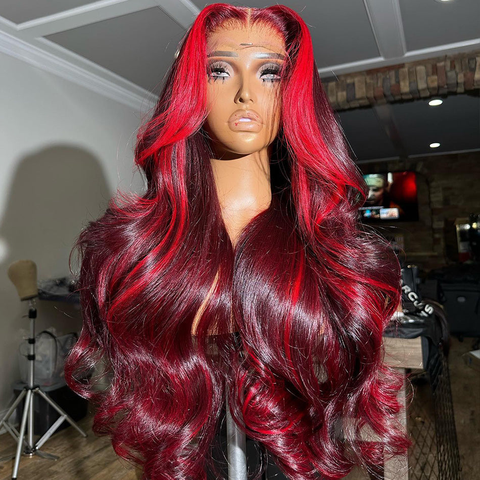 Highlight Burgundy With Red Colored 13x6 Lace Front Closure Wig 5x5 Glueless Ready To Go Human Hair Wigs