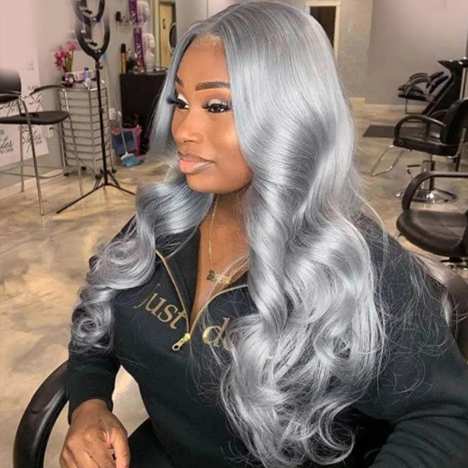210% Density Transparent 13x6 Lace Frontal Wig Brazilian Body Wave Pre Plucked Silver Gray Lace Front Colored Human Hair Wigs