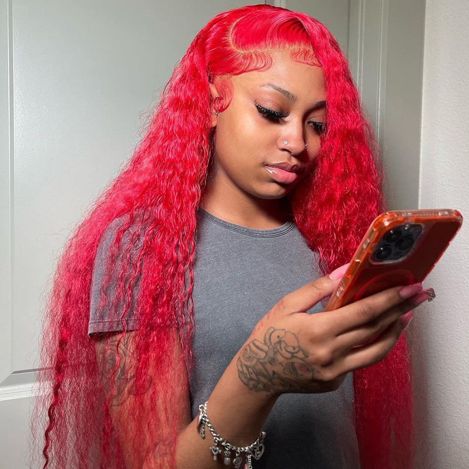 210% Density Bright Red Colored HD Transparent Lace Front 13x6 Brazilian Human Hair Wig