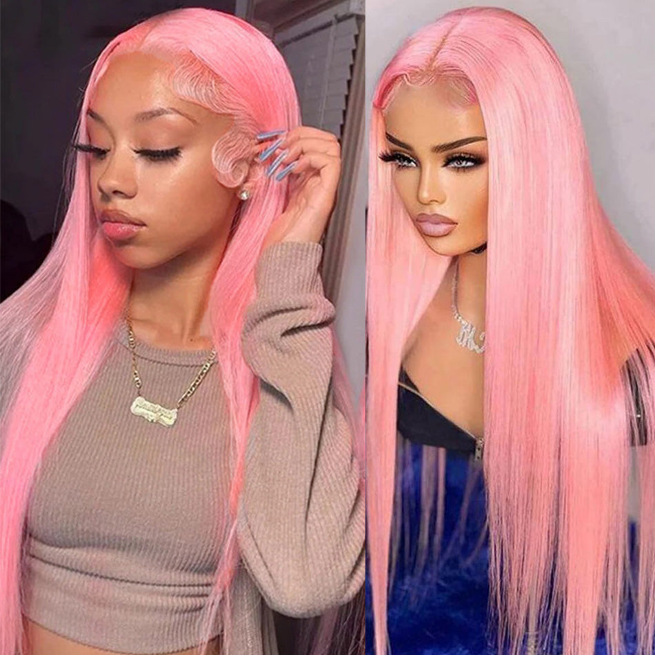210% Density Customized Colored Pink Wigs Human Hair Pre Plucked HD Transparent 13x6 Brazilian Straight Lace Front Wigs