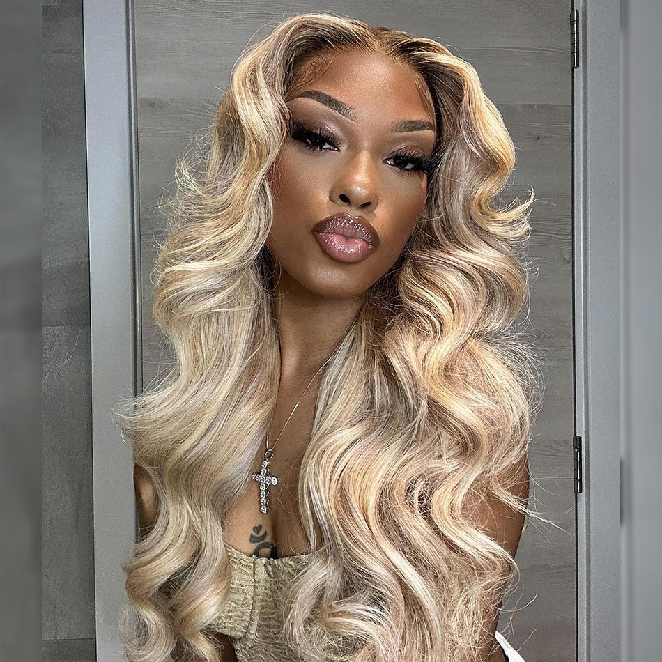 Customized Ombre Highlight Blonde With Brown Colored HD Transparent 13x6 Lace Front Human Hair Wigs