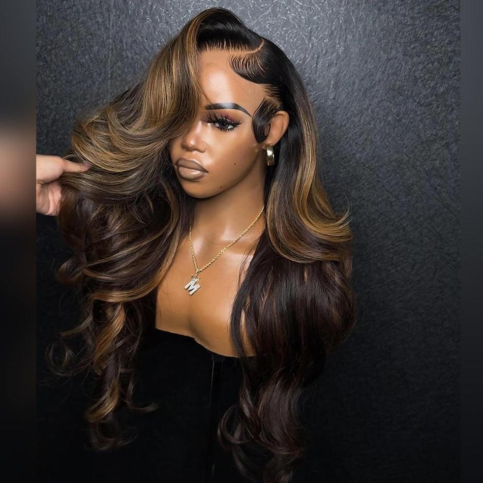 Premium 10A 210% Density Ombre Black Roots Highlight Brown Color 13x6 Lace Front Wig 6x5 Glueless Ready To Go Human Hair Wigs