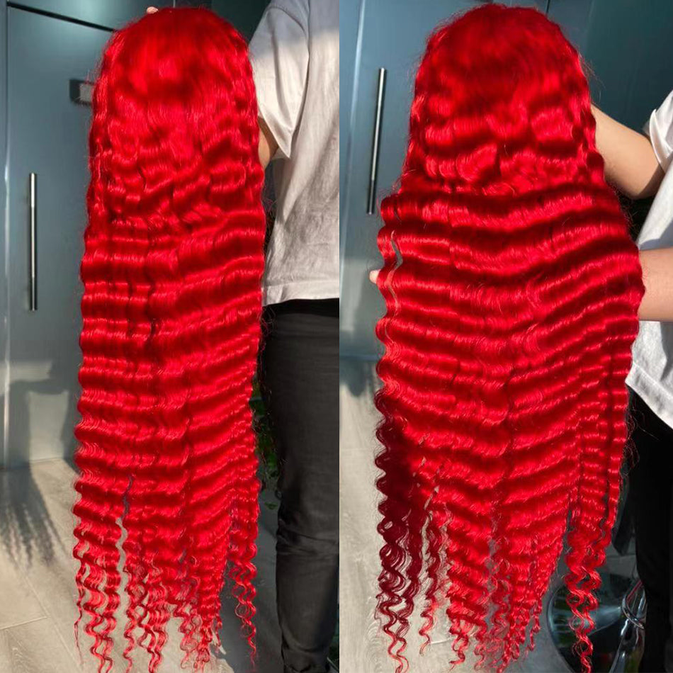 210% Density Bright Red Colored HD Transparent Lace Front 13x6 Brazilian Human Hair Wig