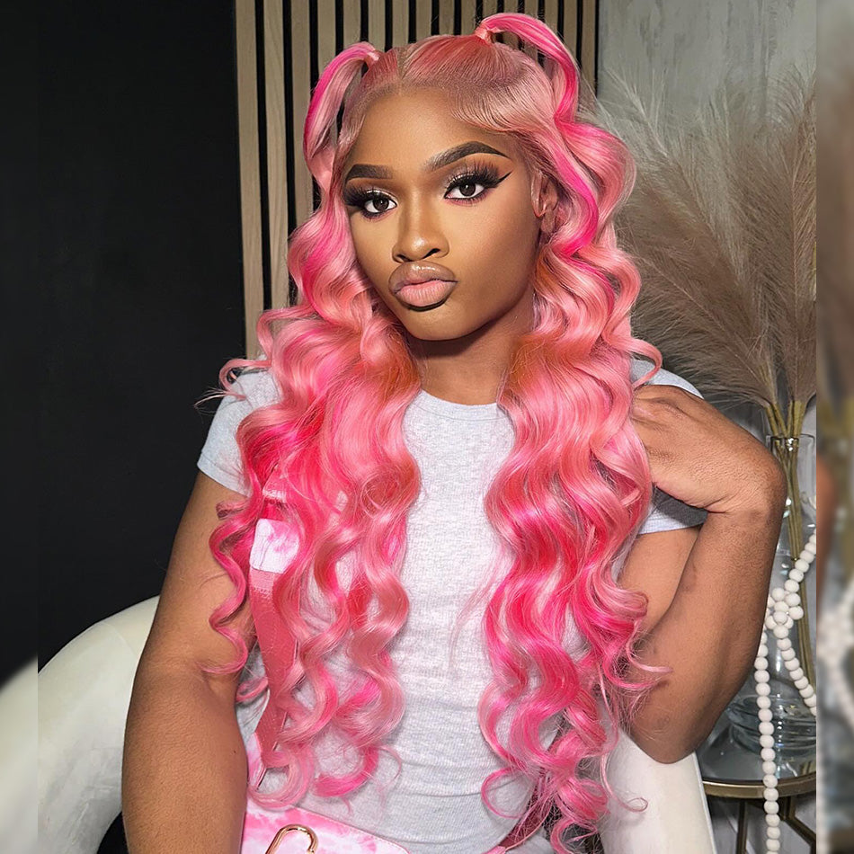 Customized Highlight Pink With Rose Red Colored 13x6 Lace Front Human Hair Wigs