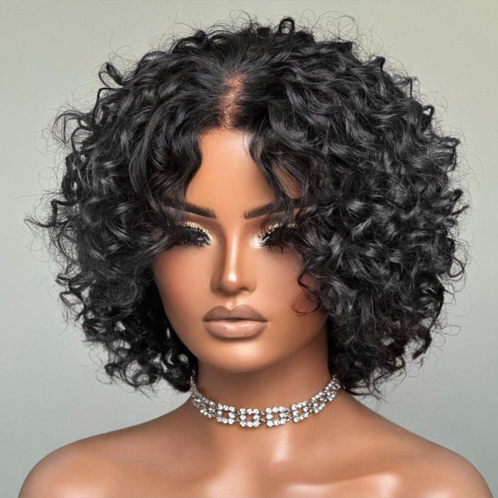 Retro Curly Human Hair Wig With Bangs-006