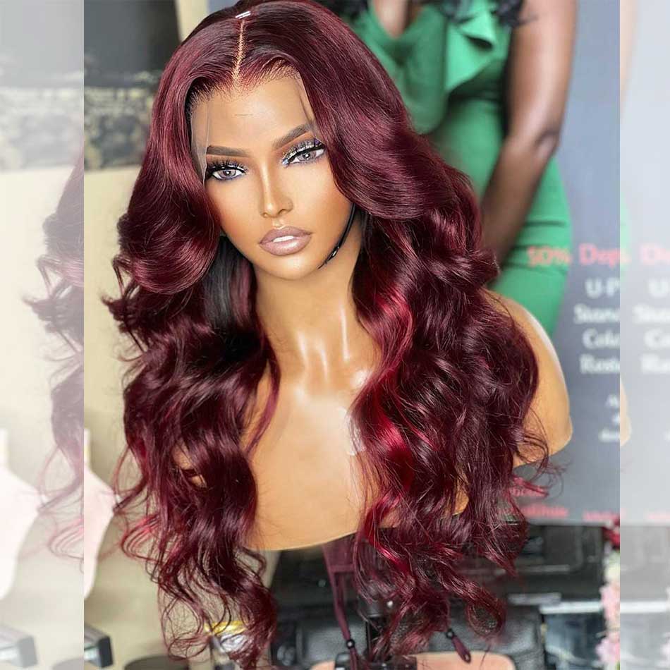 Luxurious Little Red Highlights 99J Colored Wigs 13x6 Lace Front 5x5 Glueless Ready To Go Human Hair Wigs