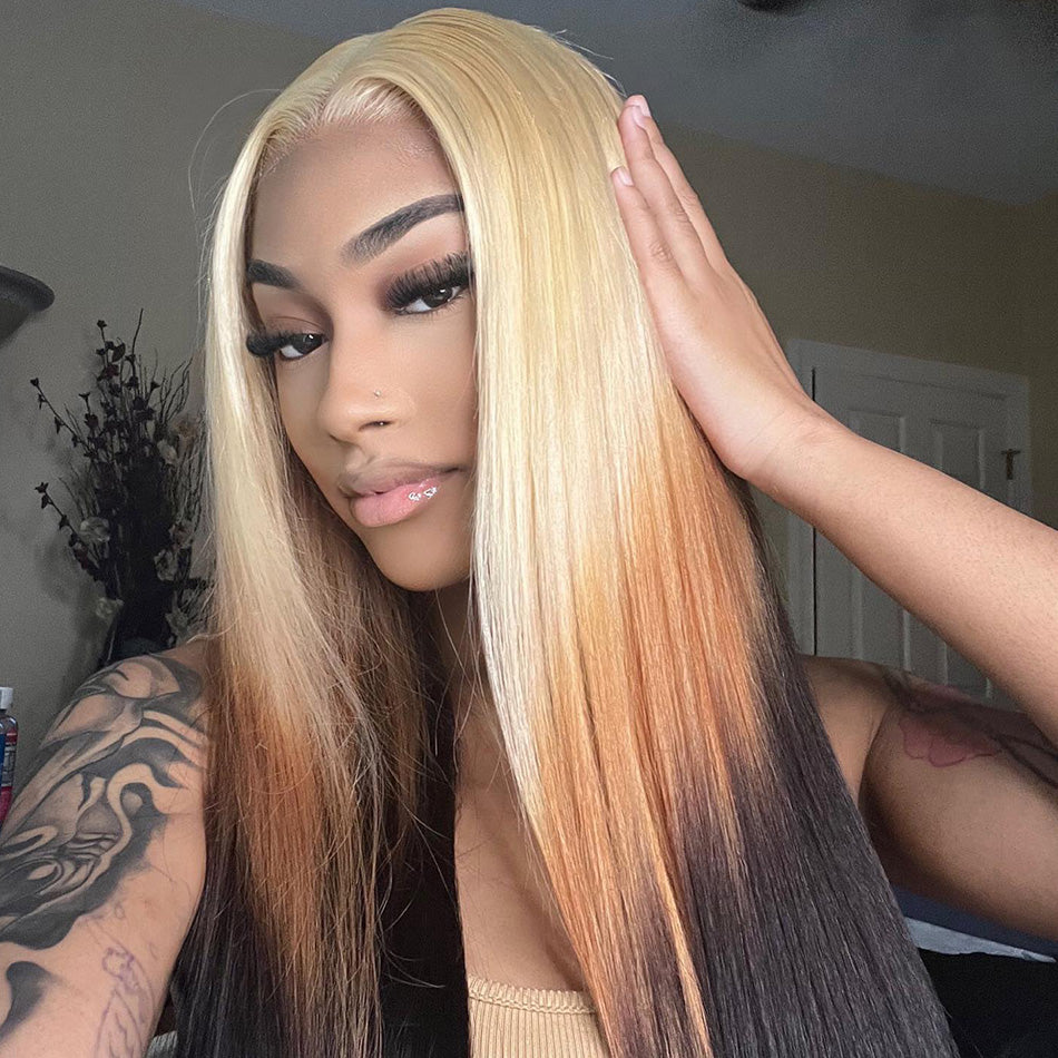 Customized Ombre 613 Blonde Brown Colored 13x6 Transparent HD Lace Front Human Hair Wig