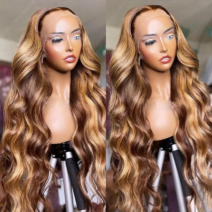 Highlight #4/27 Colored 13x6 Lace Front Closure Wig 5x5 Glueless Ready To Go Human Hair Wigs Body Wave