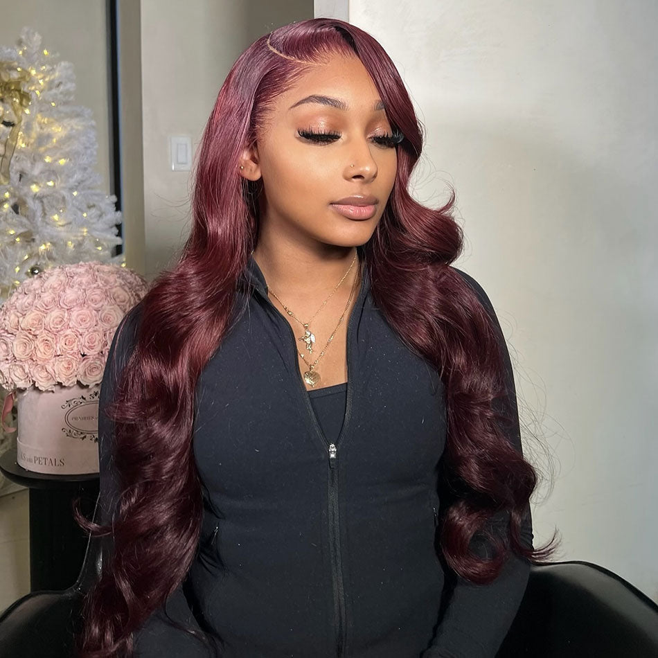 Premium 10A 210% Density Plum Burgundy Wine Purple Colored 6x5 Glueless 13x6 Lace Front Human Hair Wigs