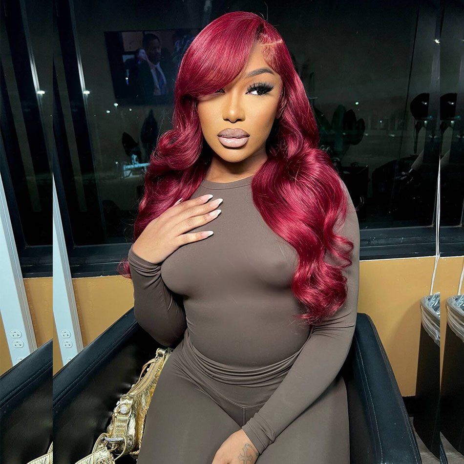 99J Burgundy Colored Wavy 13x6 Lace Front Human Hair Wigs Double Drawn Weft Made