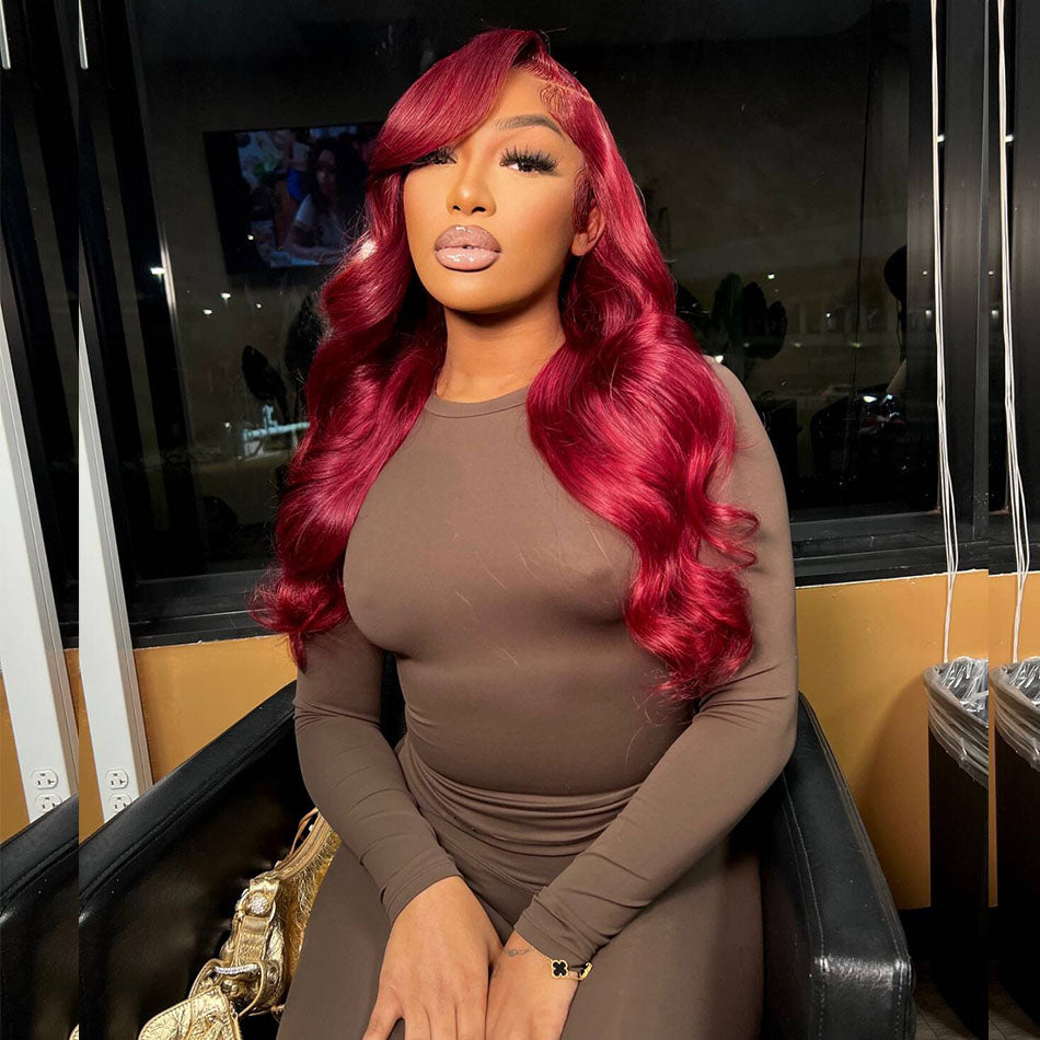 99J Burgundy Colored Wavy 13x6 Lace Front Human Hair Wigs Double Drawn Weft Made
