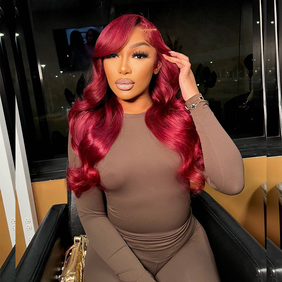 99J Burgundy Colored Wavy 13x6 Lace Front Human Hair Wigs Double Drawn Weft Made