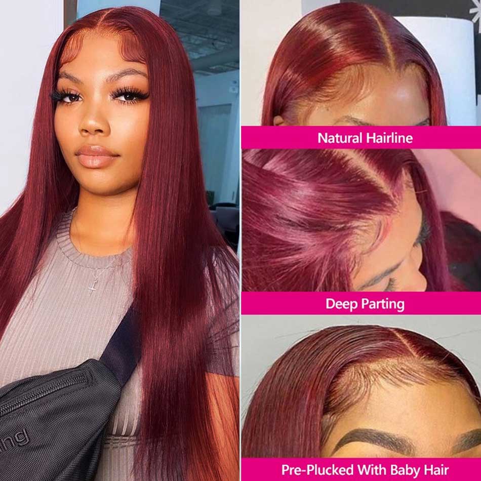 SUPER DEAL 99j Burgundy Colored 13x6 Lace Front 5x5 Glueless Lace Ready To Go Wig Straight Human Hair Wigs