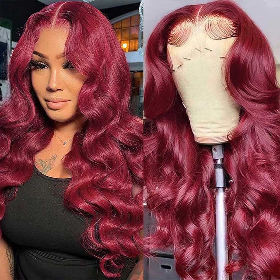 Reddish Burgundy Colored 13x6 Lace Front Closure Wig 5x5 Glueless Ready To Wear Human Hair Wigs Body Wave