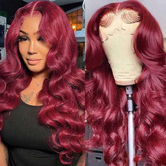 Premium 10A 210% Density Reddish Burgundy Colored 13x6 Lace Front Closure Wig 6x5 Glueless Ready To Wear Human Hair Wigs Body Wave