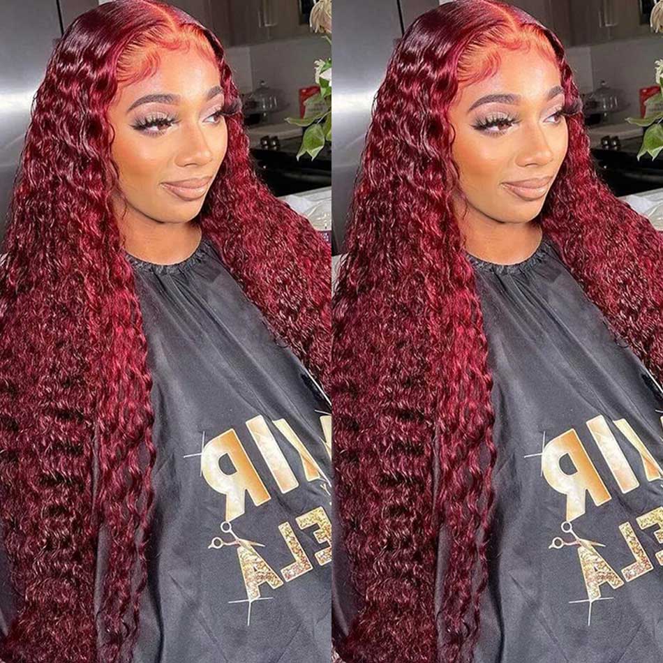 Reddish Burgundy Colored 13x6 Lace Front Closure Wig 5x5 Glueless Ready To Wear Human Hair Wigs Water Wave