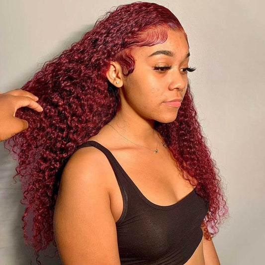Reddish Burgundy Colored 13x6 Lace Front Closure Curly 5x5 Glueless Ready To Go Human Hair Wigs