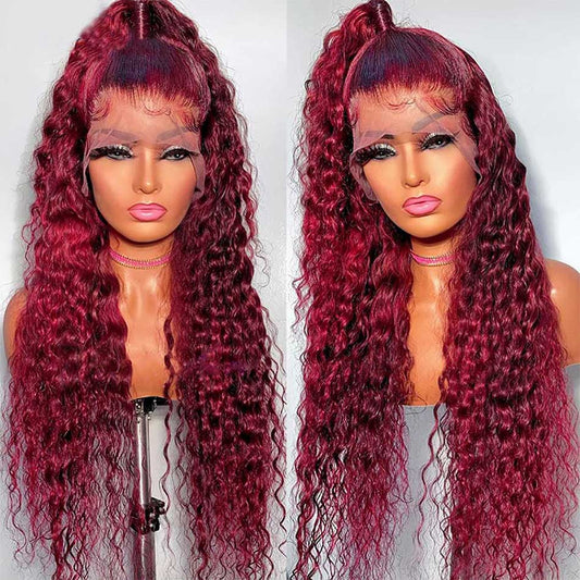 Reddish Burgundy Colored 13x6 Lace Front Closure Wig 5x5 Glueless Ready To Wear Human Hair Wigs Water Wave