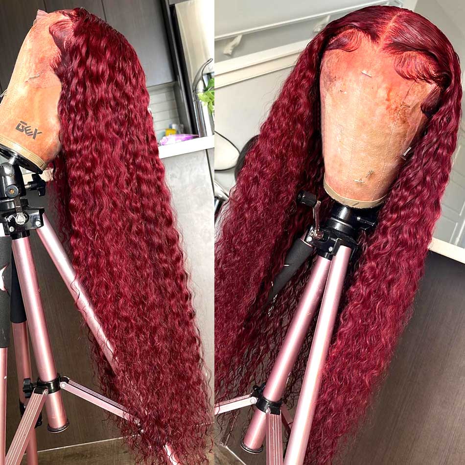 Reddish Burgundy Colored 13x6 Lace Front Closure Wig 5x5 Glueless Ready To Wear Human Hair Wigs Water Wave